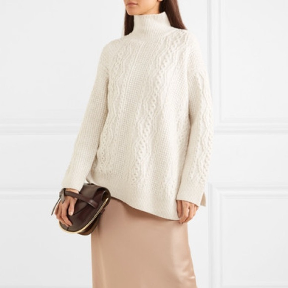 Vince cream wool cashmere asymmetric cable knit turtleneck sweater - XS